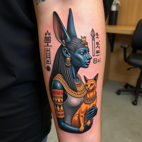 Tatuaje de la diosa Bastet con un gato egipcio