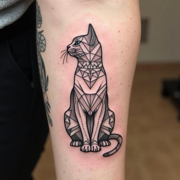 Tatuaje de gato silueta con diseño geométrico