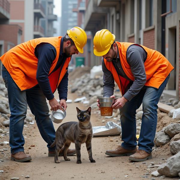 Trabajadores de construcción alimentando a un gato