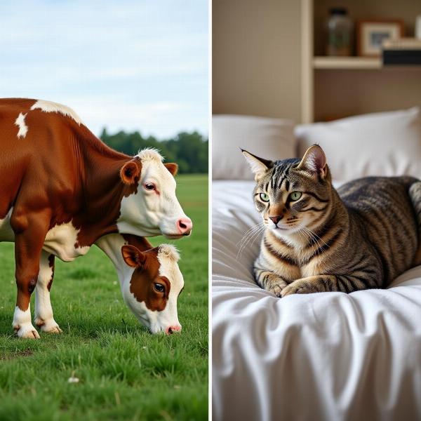 Vaca y gato en sus espacios individuales