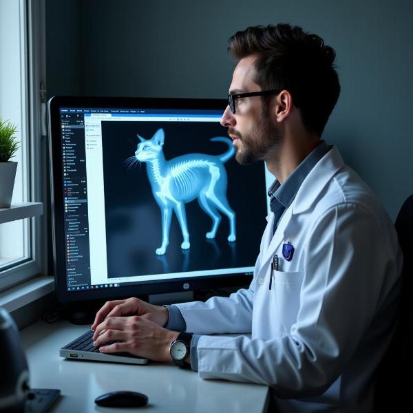 Veterinario analizando radiografía de gato