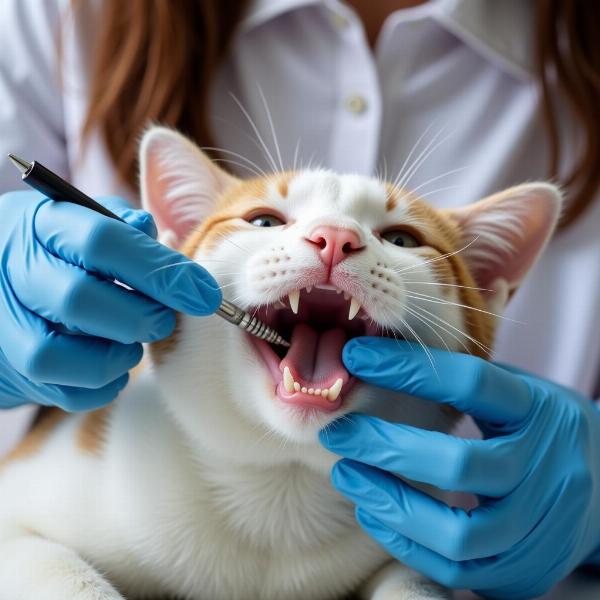 Veterinario examinando los dientes de un gato