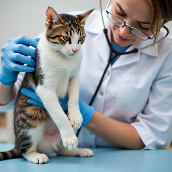 Veterinario examinando a una gata embarazada