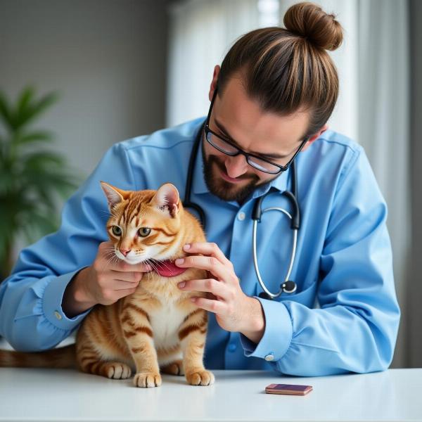 Veterinario examinando un gato para detectar signos de hemorragia interna