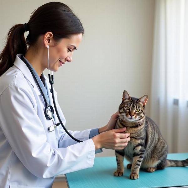 Veterinario examinando un gato para diagnosticar heces amarillas