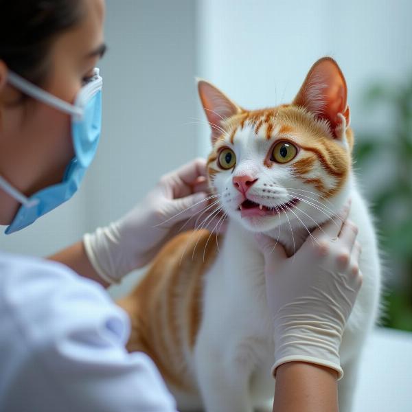 Veterinario examinando un gato con ictericia para diagnosticar bilirrubina alta