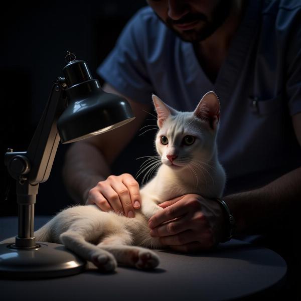 Veterinario examinando a un gato con lámpara de Wood