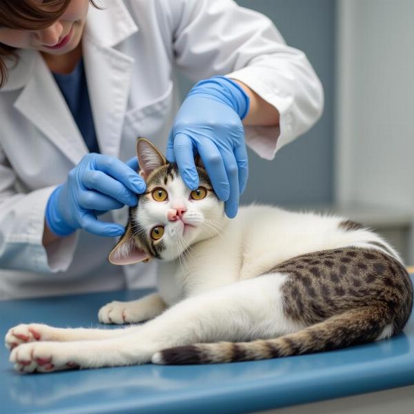 Veterinario examinando un gato con posibles parásitos