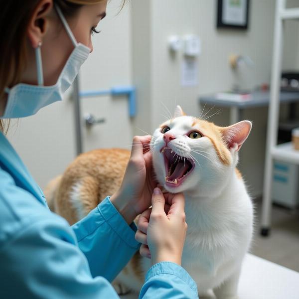 Veterinario revisando la boca de un gato