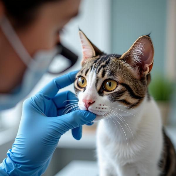 Veterinario revisando los ojos de un gato con heterocromía