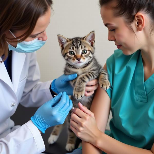 Veterinario vacunando a un gatito contra la leucemia felina